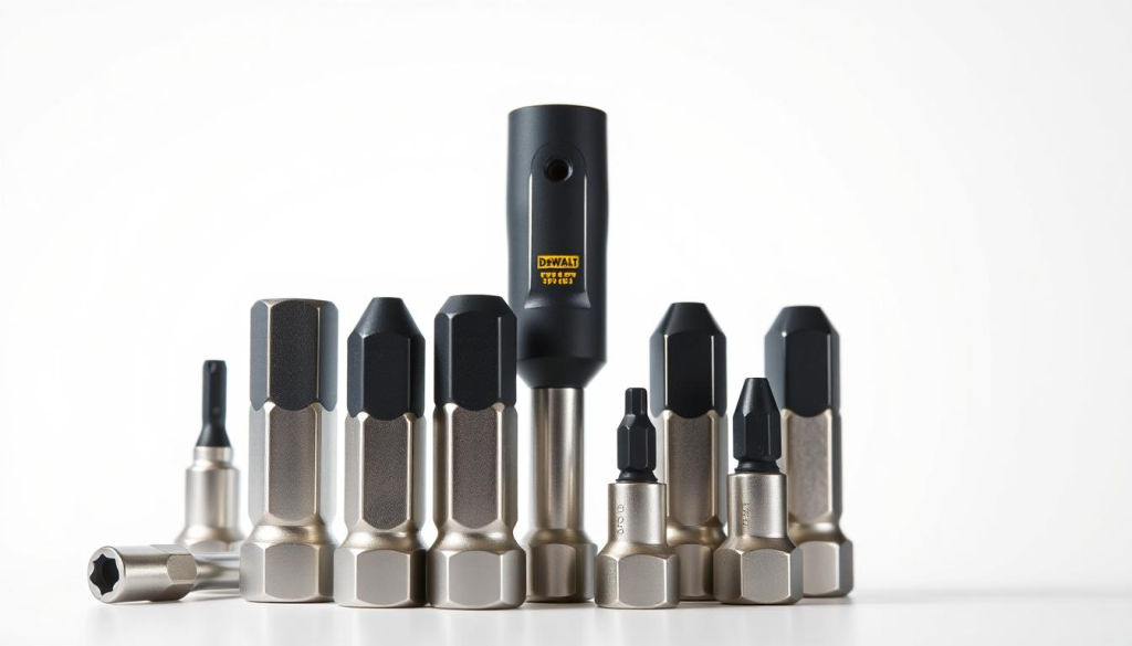 A well-lit, close-up photograph of a Dewalt nut driver set against a clean, white background. The set is arranged in a visually appealing manner, showcasing the individual drivers and their varying sizes. The drivers have a sleek, metallic finish that glistens under the studio lighting. The lighting is soft and directional, creating subtle shadows that accentuate the contours of the tools. The camera angle is slightly elevated, providing a detailed, high-quality view of the set. The overall composition is balanced and visually striking, capturing the high-quality, professional nature of the Dewalt nut driver set.