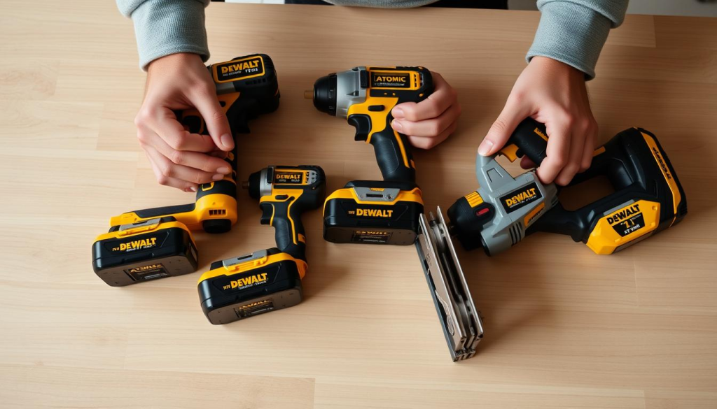 A well-lit, close-up photograph of a customer's hands holding a selection of DEWALT ATOMIC cordless power tools, including a drill, impact driver, and reciprocating saw. The tools are clean, undamaged, and arranged neatly on a smooth, neutral-colored surface, such as a wooden table or workbench. The image captures the tools' compact size and ergonomic design, showcasing their practicality and ease of use. The lighting is soft and diffused, creating a warm, inviting atmosphere that highlights the tools' premium quality and the customer's satisfaction with their performance.