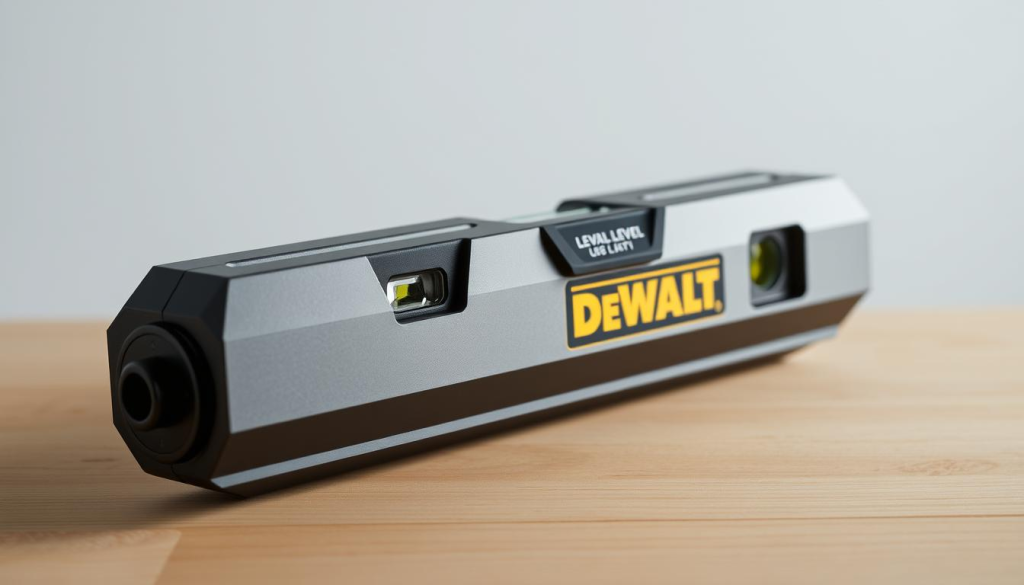 A well-lit, close-up photograph of a high-quality DEWALT level tool in a neutral, professional setting. The level is centered in the frame, showcasing its sleek, modern design and sturdy construction. The body is made of durable metal, with clear acrylic vials allowing for precise bubble alignment. The edges are sharp, and the surface has a matte, scratch-resistant finish. The level is resting on a smooth, minimalist surface, possibly a wooden table or workbench, creating a sense of balance and simplicity. Soft, directional lighting casts subtle shadows, highlighting the tool's contours and attention to detail. The overall mood is one of quality, reliability, and technical precision, reflecting the DEWALT brand's reputation for excellence.