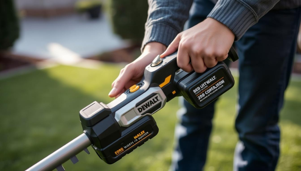 A well-lit, close-up photograph of a person's hands demonstrating the proper technique for using a DEWALT cordless weed trimmer. The person's hands are grasping the trimmer firmly, with the body angled slightly to the side, highlighting the ergonomic design and easy-to-use controls. The foreground is in sharp focus, showcasing the trimmer's sleek, modern appearance and high-quality construction. The background is slightly blurred, with hints of a manicured lawn or garden visible, creating a sense of context and practical application. The lighting is soft and natural, accentuating the tool's metallic accents and the user's deft movements. The overall mood is one of efficiency, precision, and the satisfaction of a job well done.