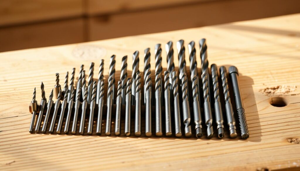 A well-lit, close-up photograph of an assortment of DEWALT drill bits arranged neatly on a wooden surface. The bits are displayed in various sizes, from small to large, showcasing the range of options available. The drill bits have a metallic sheen and are arranged in an organized, symmetrical pattern, highlighting their precision engineering. The background is softly blurred, keeping the focus on the intricate details of the drill bits. Warm, natural lighting casts subtle shadows, accentuating the textural qualities of the tools. The overall image conveys the high-quality and versatility of the DEWALT drill bit collection.
