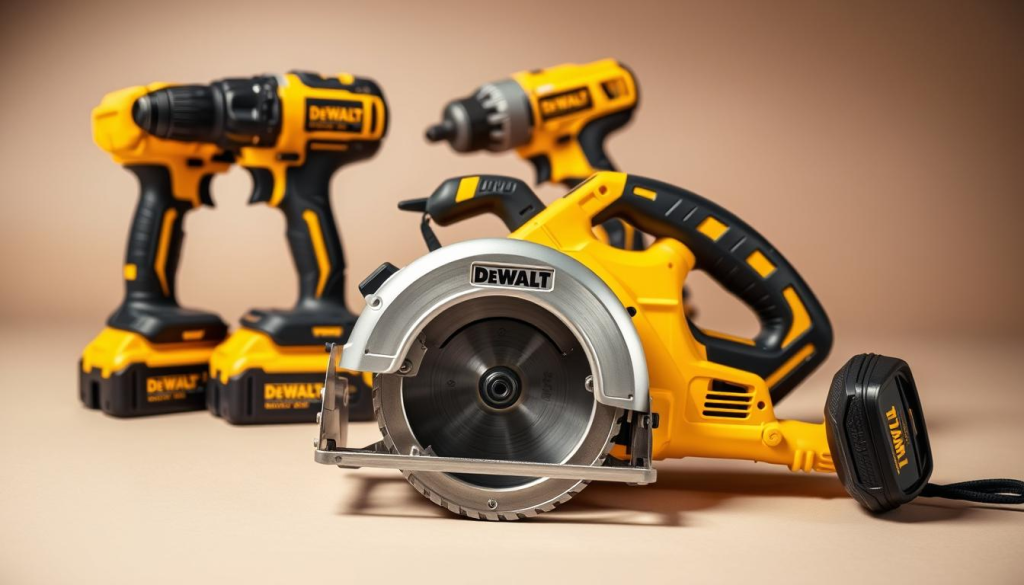 A well-lit, close-up photograph of an assortment of Dewalt power tools, including a cordless drill, circular saw, and reciprocating saw, arranged neatly on a clean, neutral background. The tools have a sleek, modern design with the iconic Dewalt yellow and black color scheme. The image conveys the durability, precision, and versatility of Dewalt's fastening tools, showcasing their high-quality construction and attention to detail. The lighting is directional, creating sharp shadows and highlighting the tools' textures and contours, while the depth of field separates the foreground from a slightly blurred background, keeping the focus on the tools themselves.