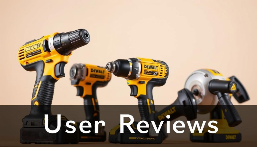 A well-lit, close-up photograph of several DEWALT Atomic power tools, including a drill, impact driver, and angle grinder, against a neutral background. The tools are shown in use, with various parts and components visible, conveying a sense of their compact, sturdy design and performance capabilities. The image has a warm, professional tone, highlighting the tools' practical features and user-friendly aspects, in line with the "User Reviews" section of the article.