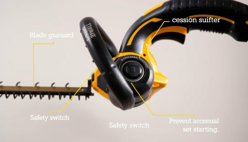 A well-lit, close-up photograph of the safety features on a DEWALT 20V Max Lithium-Ion Cordless Hedge Trimmer. Shown in sharp focus are the blade guard, the soft grip handle, and the safety switch that prevents accidental starting. The trimmer is positioned against a plain, neutral background that allows the features to stand out. The lighting is bright and even, creating clear shadows and highlights to emphasize the tool's robust construction and attention to user safety. The angle is slightly elevated to provide an ergonomic, user-centric perspective.