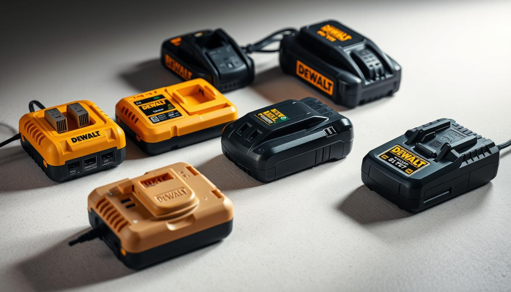 A well-lit, close-up photograph of various DEWALT charger models, showcasing their distinct designs and features. The chargers are arranged neatly on a clean, neutral-colored surface, with a soft, diffused lighting from above creating subtle shadows and highlights. The image captures the chargers' sturdy, industrial-grade construction, with attention to their ports, indicator lights, and other functional details. The overall mood is one of precision, reliability, and attention to detail, reflecting the high-quality standards associated with the DEWALT brand.