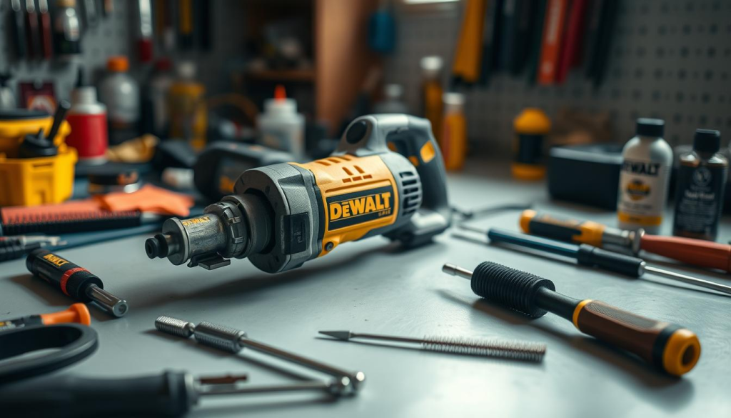 A well-lit, close-up scene of a DeWalt power tool being meticulously maintained. The tool is placed on a clean, organized workbench, surrounded by various maintenance tools and supplies like screwdrivers, brushes, and lubricants. The lighting is soft and directional, creating subtle shadows that highlight the tool's intricate details. The background is slightly blurred, placing the focus on the tool and the maintenance process. The overall atmosphere conveys a sense of precision, care, and attention to detail - reflecting the importance of proper tool maintenance.