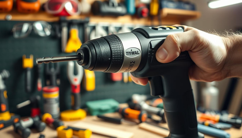 A well-lit, close-up scene of an impact drill in use, with a person's hands firmly gripping the handle and trigger. The drill's casing has a matte, durable finish, and the chuck is securely fastened to the bit. In the background, a workspace with various power tools and safety equipment, such as goggles and gloves, is visible, conveying a sense of a professional, safety-conscious environment. The lighting is bright and directional, emphasizing the textures and details of the drill and the user's hands. The overall mood is one of focus, control, and responsible power tool usage.