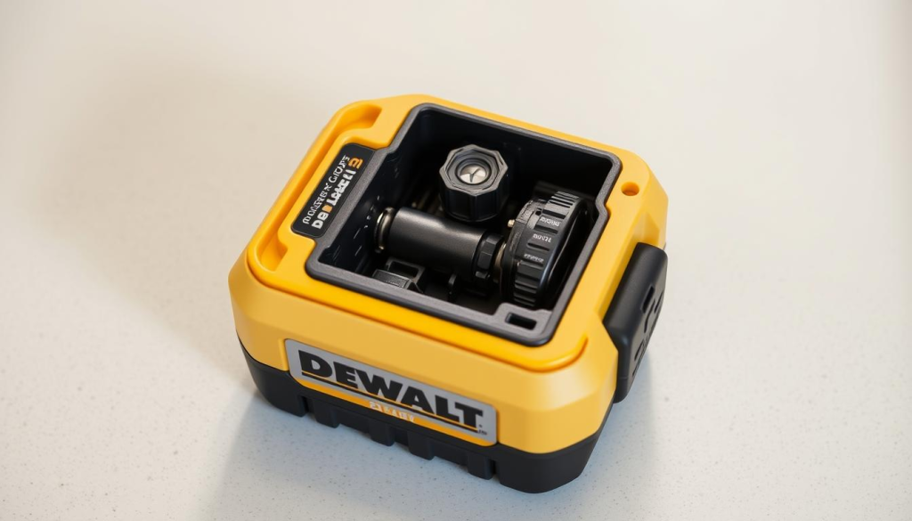 A well-lit, close-up shot of a DEWALT 20V cordless air inflator, showcasing its intricate maintenance components. The device is positioned on a clean, neutral-toned surface, allowing the focus to remain on the inner workings. Subtle shadows and a slightly angled perspective create depth and dimensionality, highlighting the inflator's sleek, industrial design. The image conveys a sense of precision and attention to detail, reflecting the importance of proper maintenance for the longevity and performance of this compact, cordless air compressor.