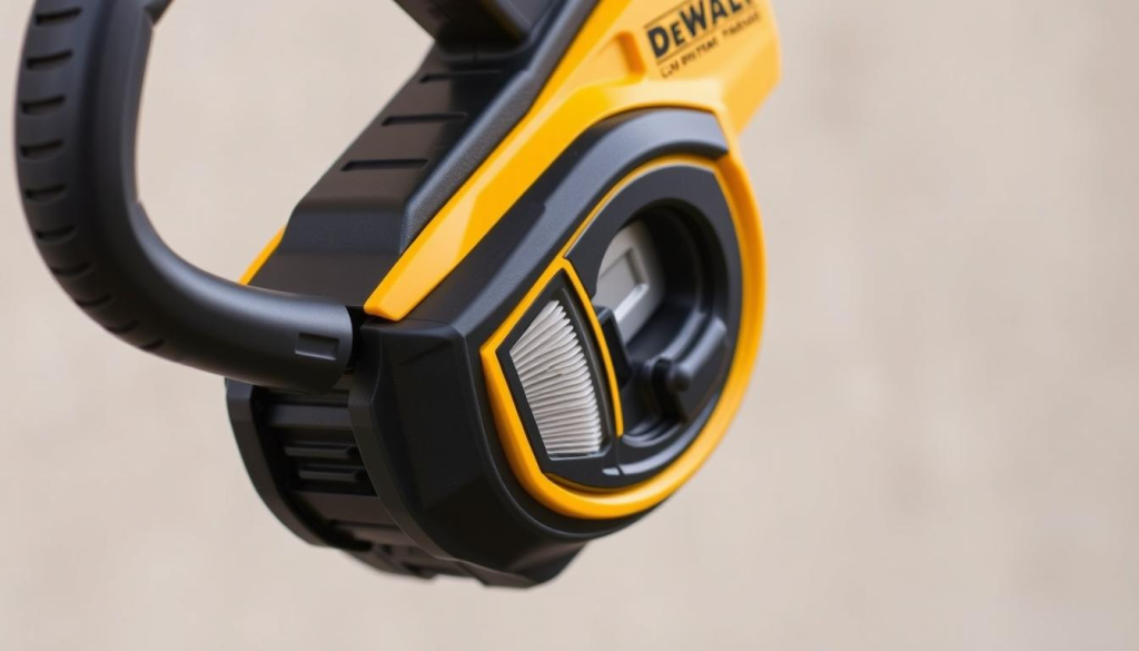 A well-lit, close-up shot of a DEWALT 20V cordless lawn edger, showcasing its key maintenance components. The edger is positioned against a neutral, softly blurred background, allowing the details to take center stage. The image captures the edger's sleek, black and yellow design, as well as its battery, air filter, and other vital parts that require regular upkeep. Crisp, high-resolution photography highlights the tool's precision engineering and robust construction, conveying its durability and reliability for lawn care tasks. The lighting is natural and diffused, casting gentle shadows to accentuate the edger's form and textures. An informative, detailed snapshot to guide users on maintaining their DEWALT 20V lawn edger.
