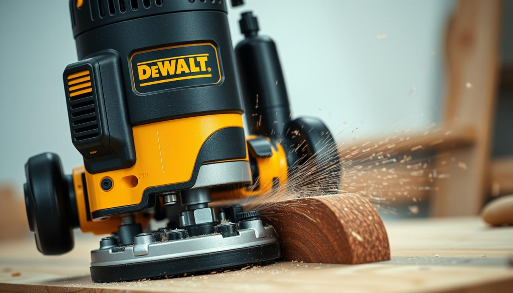 A well-lit, close-up shot of a DEWALT 20V cordless router cutting through a piece of precision wood with clean, smooth strokes. The router's sleek black and yellow body is visible, its powerful motor whirring as it effortlessly carves through the material. Shavings and sawdust fly in an elegant arc, captured in sharp detail. The scene conveys the router's raw power and refined control, showcasing its ability to handle demanding woodworking tasks with ease and precision. The overall mood is one of focused, professional-grade performance.