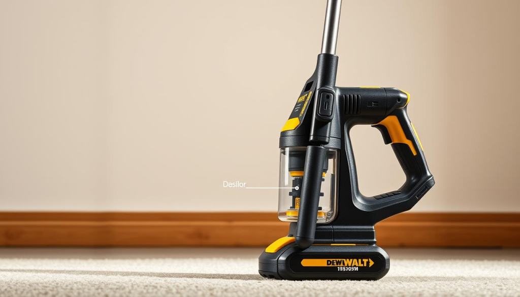 A well-lit, close-up shot of a DEWALT 20V cordless vacuum cleaner, showcasing its ergonomic design and user-friendly features. The vacuum stands prominently in the foreground, its sleek black and yellow color scheme accentuated by soft, directional lighting. The middle ground features a clean, uncluttered background, allowing the vacuum's form and details to take center stage. Emphasis is placed on the vacuum's intuitive controls, easy-access dust bin, and lightweight, compact construction, demonstrating its effortless ease of use for the operator. The overall mood is one of efficiency, practicality, and a sense of reliable power, reflecting the DEWALT brand's commitment to high-quality, versatile tools.