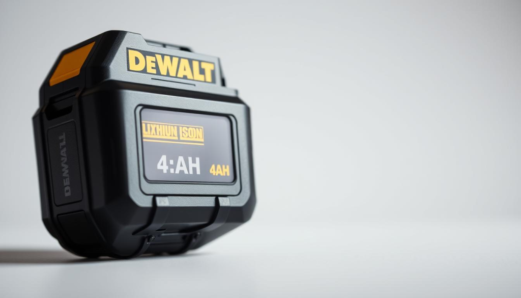 A well-lit, close-up shot of a DEWALT 4AH lithium-ion battery pack, its sleek black casing gleaming against a clean, neutral background. The battery's digital display shows its current charge level, providing a clear visual representation of its remaining power. The image conveys a sense of reliability and durability, with the battery's robust construction and advanced features suggesting its ability to power tools for extended periods. Carefully composed to highlight the battery's key specifications and design, the image aims to educate and inspire viewers on how to maximize the battery's lifespan through proper usage and care.