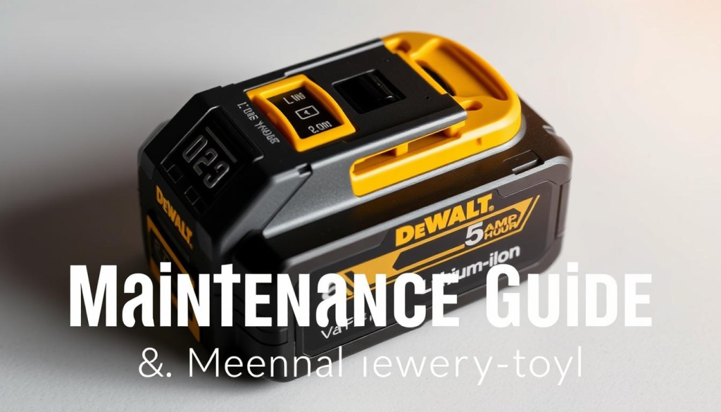 A well-lit close-up shot of a DEWALT 5 amp hour lithium-ion battery pack, showcasing its sleek and durable design. The battery is placed on a clean, neutral-toned surface, allowing the product to be the focal point. Soft, directional lighting highlights the battery's metallic accents and textured grip, conveying a sense of high-quality craftsmanship. The image should exude a professional, informative atmosphere, suitable for illustrating a maintenance guide for this specific power tool battery.