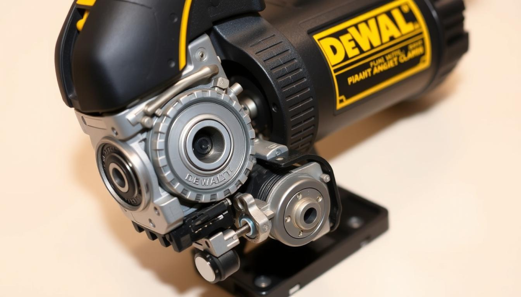 A well-lit, close-up shot of a DEWALT angle drill, showcasing its intricate mechanisms. The drill is disassembled, revealing its internal components, such as the gears, bearings, and motor. The image conveys a sense of precision and attention to detail, highlighting the importance of proper maintenance. The background is a clean, neutral workspace, allowing the focus to remain on the drill itself. Soft, directional lighting accentuates the textures and contours of the parts, creating a visually engaging and informative scene for the article's "Tips for Maintaining Your Angle Drill" section.