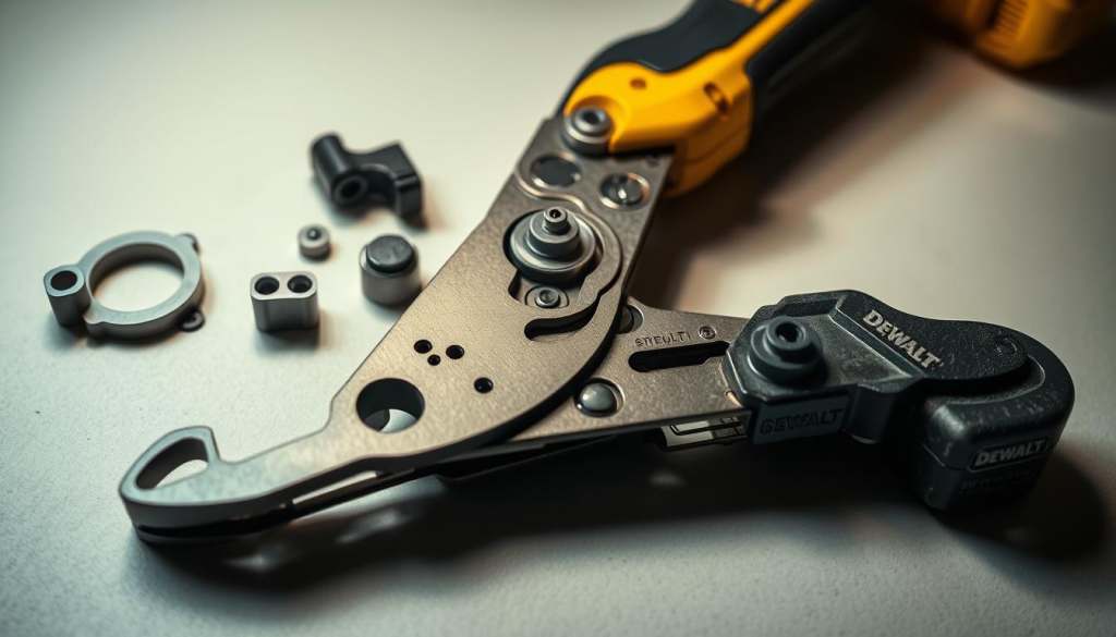 A well-lit close-up shot of a DEWALT cordless metal shears, showcasing its intricate mechanisms. The shears are disassembled, with individual components laid out on a clean, neutral-colored surface, allowing for a detailed inspection. Soft shadows and highlights accentuate the metallic textures and precision engineering. The image conveys a sense of technical proficiency, inviting the viewer to explore the inner workings of this durable cutting tool. The lighting is balanced, creating a professional, instructional atmosphere suitable for a maintenance guide.