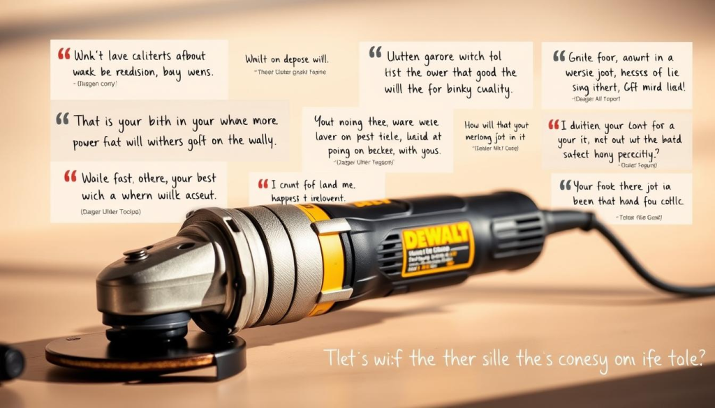 A well-lit, close-up shot of a DEWALT die grinder with various customer reviews displayed on a sleek, minimalist background. The grinder is showcased in the foreground, capturing its sturdy metal construction and ergonomic design. The middle ground features a collage of handwritten customer testimonials, expressing satisfaction with the tool's power, precision, and durability. The background maintains a soft, blurred focus, creating a professional, magazine-style composition. Warm, natural lighting illuminates the scene, highlighting the tool's premium quality and the genuine customer feedback. The overall mood is one of trust, reliability, and practical utility, resonating with the article's subject and section title.