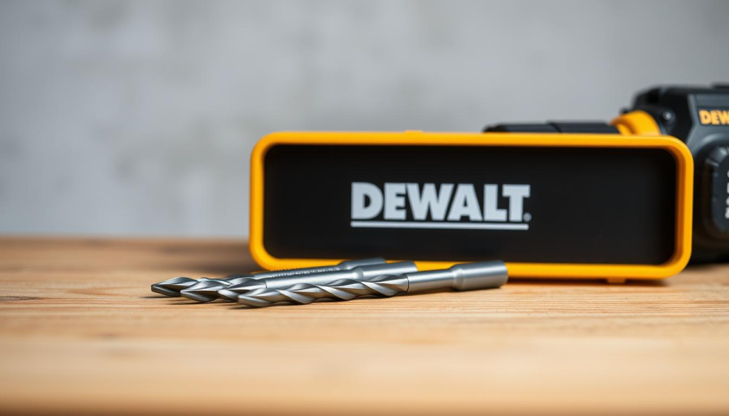 A well-lit close-up shot of a DEWALT drill bit set, with the individual bits arranged neatly on a wooden surface. The bits have a shiny metallic finish, and the set is presented against a muted, neutral background that emphasizes the quality and precision of the tools. The lighting is soft and diffused, creating a sense of depth and texture. The overall composition is balanced and visually appealing, capturing the attention of the viewer and showcasing the product's attention to detail and craftsmanship.