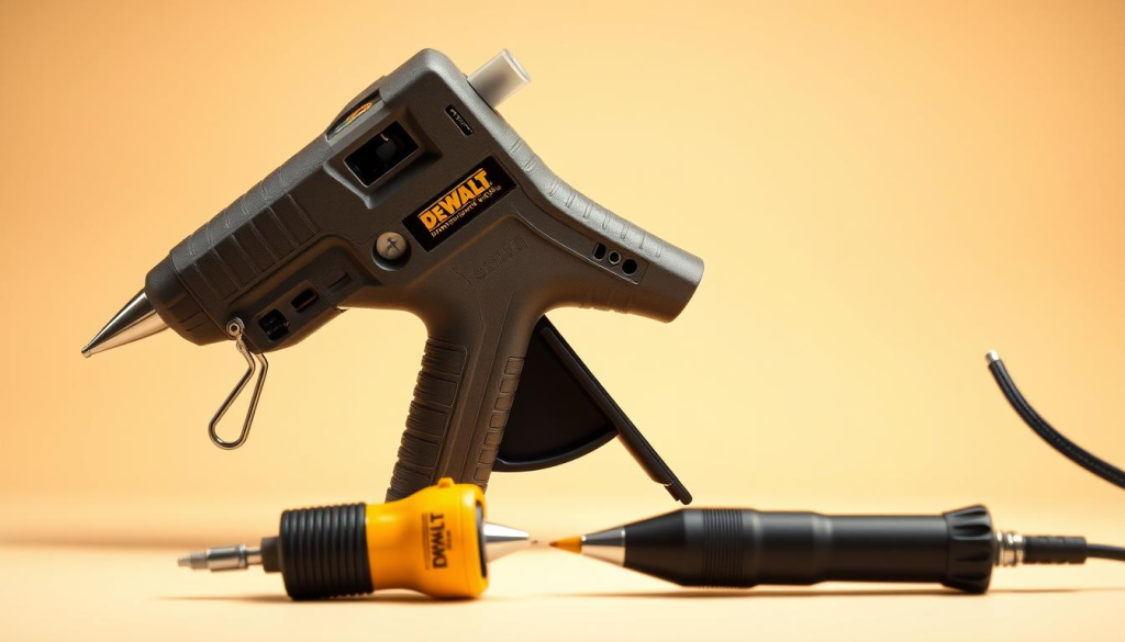 A well-lit, close-up shot of a DEWALT glue gun set against a neutral background, with a clean, modern aesthetic. The glue gun is positioned in the center, showcasing its sleek, ergonomic design and sturdy construction. The lighting emphasizes the tool's metallic accents and the textured grip, highlighting its high-quality materials. In the foreground, a subtle, soft-focus comparison to other glue guns on the market provides context, allowing the viewer to appreciate the DEWALT's superior craftsmanship and performance. The overall composition conveys a sense of professionalism and attention to detail, reflecting the DEWALT brand's reputation for quality and reliability.