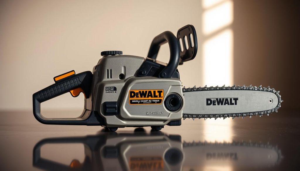 A well-lit close-up shot of a DEWALT mini chainsaw, showcasing its compact and durable design. The chainsaw is positioned on a smooth, reflective surface, allowing the details of the brushed metal housing and ergonomic handle to be clearly visible. The background is softly blurred, creating a sense of focus on the product. The lighting is slightly directional, casting subtle shadows that accentuate the chainsaw's contours and textures. The overall mood is one of professional quality and customer confidence, reflecting the reviews and feedback that highlight the tool's performance and reliability.