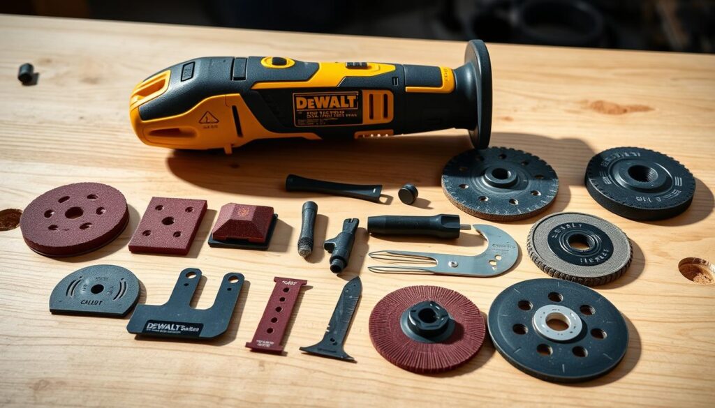 A well-lit, close-up shot of a DEWALT oscillating tool with an assortment of its accessories laid out neatly on a clean, wooden workbench. The accessories, such as sanding pads, cutting blades, and polishing discs, are arranged in an orderly fashion, showcasing their diverse functionality. The lighting casts soft, directional shadows, highlighting the textures and details of the tools. The overall composition conveys a sense of professionalism and attention to maintenance, reflecting the careful upkeep required for these versatile power tool accessories.