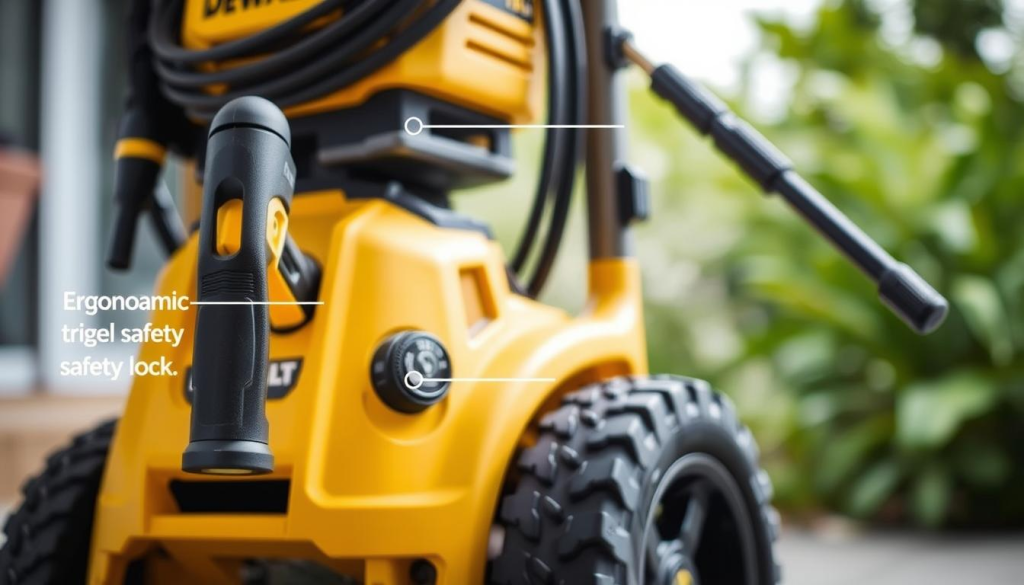 A well-lit, close-up shot of a DEWALT power washer displaying its key safety features. In the foreground, the ergonomic trigger handle and safety lock are prominently showcased, conveying ease of use and secure operation. The mid-ground features the power washer's sturdy frame and large pneumatic tires, highlighting its stability and maneuverability. In the background, the high-pressure hose and wand are visible, suggesting the powerful cleaning capabilities while emphasizing the importance of proper handling. The image has a clean, professional tone, with a focus on highlighting the safety aspects that make the DEWALT power washer a reliable choice for home use.