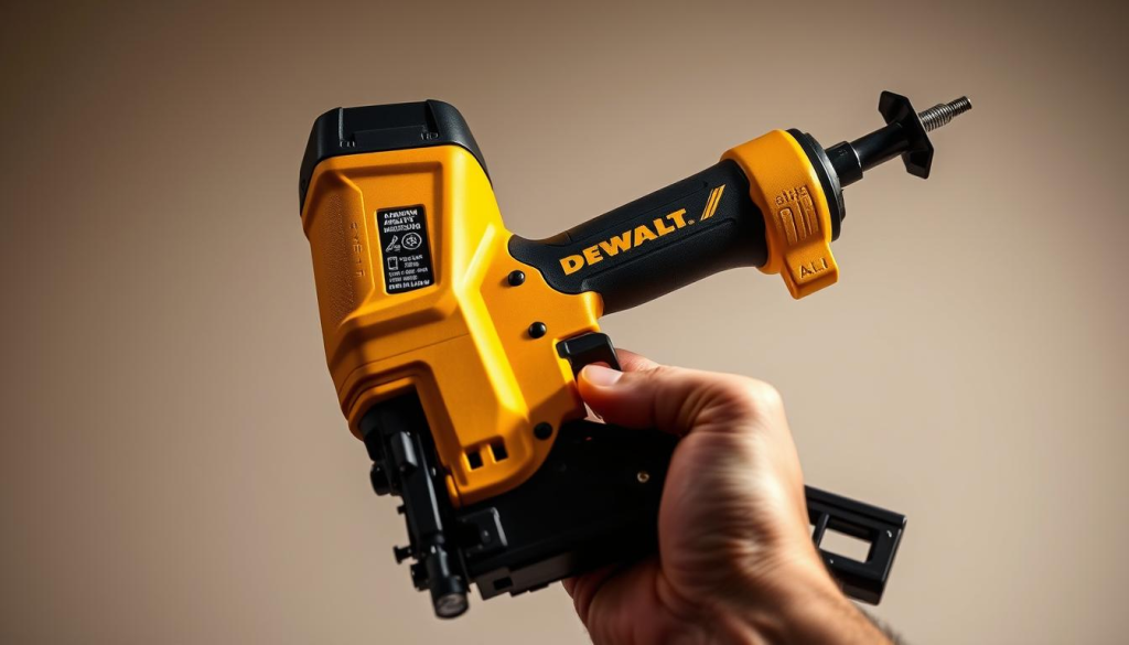 A well-lit, close-up shot of a DEWALT rivet gun being held in a person's hands, showcasing its features and sturdy construction. The rivet gun is positioned against a neutral background, allowing it to be the central focus. The lighting is balanced, casting subtle shadows that accentuate the contours and textures of the tool. The image captures the attention-to-detail and premium quality that DEWALT is known for, inviting the viewer to examine the rivet gun's design and functionality. An atmosphere of professionalism and reliability is conveyed, reflecting the positive customer reviews and feedback the tool has received.