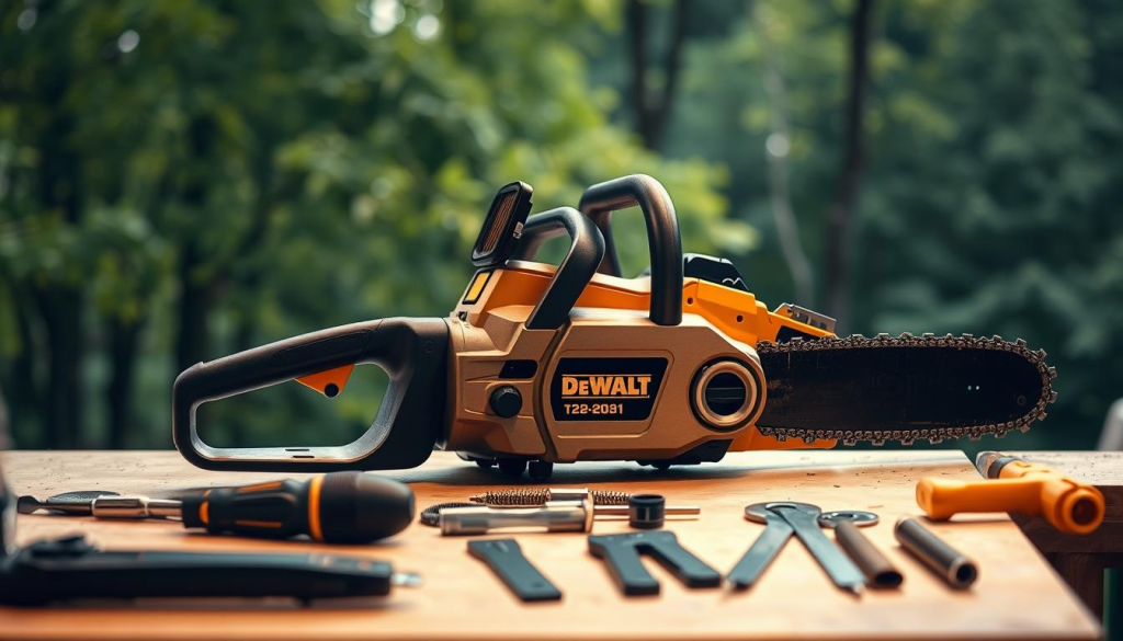 A well-lit, close-up shot of a DeWalt 12-inch battery-powered chainsaw on a workbench, with various maintenance tools and accessories arranged neatly around it. The chainsaw is in focus, showcasing its sleek, sturdy design, with the DeWalt logo prominently displayed. In the background, a soft, blurred image of a lush, green forest provides a natural, calming context. The lighting is warm and evenly distributed, highlighting the chainsaw's metallic finish and the maintenance tools' intricate details. The overall composition conveys a sense of order, diligence, and a focus on proper care and upkeep of the power tool.