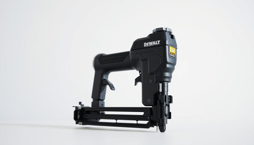 A well-lit, close-up shot of a DeWalt 16 Gauge Finish Nailer against a clean, minimalist background. The nailer is shown in a matte black finish, its safety mechanisms and trigger assembly clearly visible. Soft directional lighting from the side casts subtle shadows, highlighting the tool's sleek, ergonomic design. The image conveys a sense of precision, power, and safety, suitable for illustrating a section on responsible nailer usage.