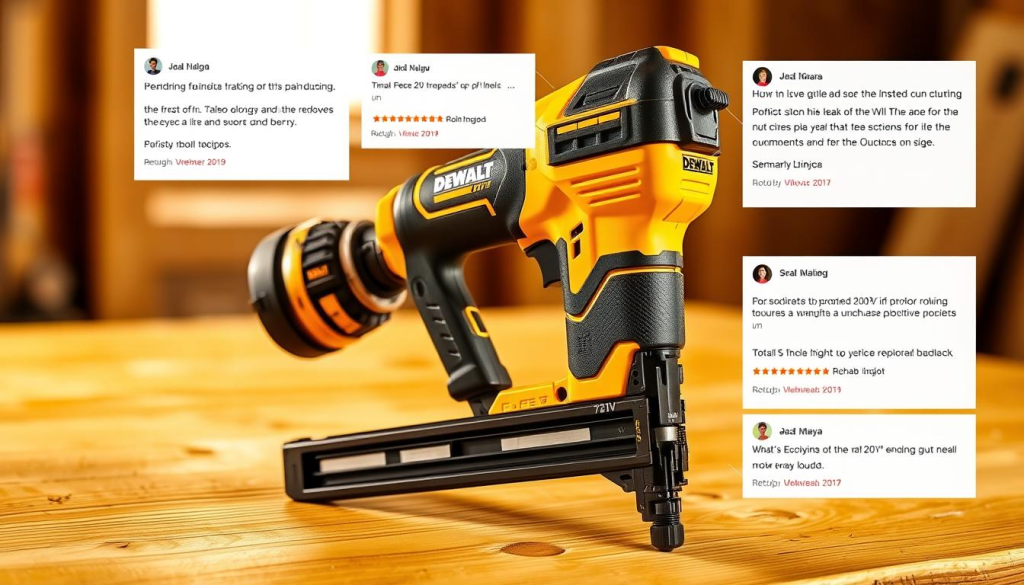 A well-lit close-up shot of a DeWalt 20V cordless nail gun, showcasing its sturdy construction and modern design. The tool is positioned on a wooden surface, with a few customer reviews and ratings visible in the background, providing context and a sense of real-world usage. The lighting is warm and directional, highlighting the tool's details and creating a sense of depth and dimension. The overall atmosphere is professional and informative, conveying the product's quality and the customer's positive experiences.