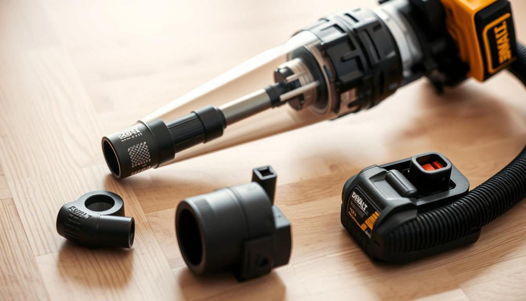 A well-lit, close-up shot of a DeWalt 20V cordless vacuum, showcasing its internal components and maintenance features. The vacuum is disassembled, with the filter, hose, and other parts neatly arranged on a clean, wooden surface. The lighting is soft and diffused, creating a sense of focus and attention to detail. The angle is slightly tilted, providing a clear view of the vacuum's inner workings. The overall mood is one of precision and care, reflecting the importance of proper maintenance for ensuring the longevity of this powerful cordless cleaning tool.