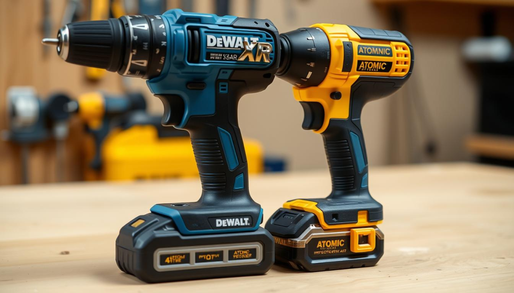 A well-lit, close-up shot of a DeWalt XR drill and an Atomic compact impact driver, positioned side-by-side on a clean, neutral-colored workbench. The XR drill features a sleek blue and black design, while the Atomic tool has a compact, bright yellow body. Capture the distinct visual characteristics and sturdy, professional-grade construction of each power tool, highlighting their intended applications - the XR for heavy-duty tasks, the Atomic for confined spaces and precision work. Utilize a shallow depth of field to draw the viewer's attention to the details of the tools, creating a clear contrast between the two models and emphasizing their unique capabilities.