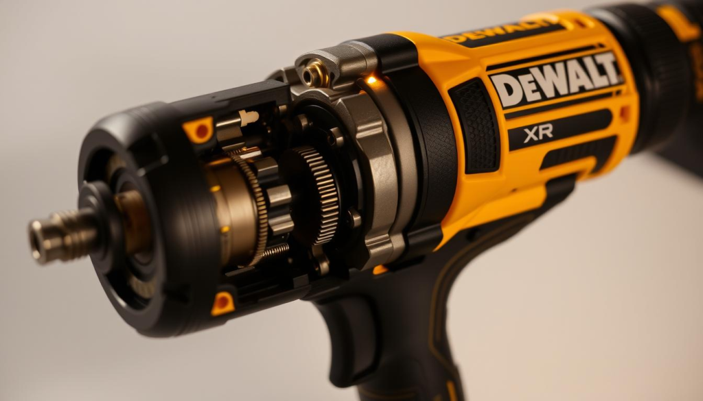 A well-lit close-up shot of a DeWalt XR impact driver, showcasing its intricate inner workings. The driver's casing is partially disassembled, revealing the gears, bearings, and other precision components. The lighting casts a warm, technical glow, highlighting the attention to detail in the design. The image conveys a sense of professionalism and the importance of proper maintenance to ensure the longevity and peak performance of this powerful tool. The background is a clean, neutral surface, allowing the impact driver to be the central focus.