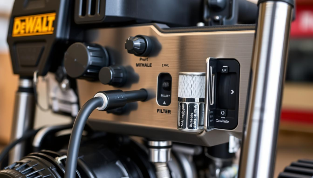 A well-lit close-up shot of a DeWalt gas-powered pressure washer's maintenance panel, showcasing its components in intricate detail. The machine is positioned at a slight angle, allowing for a clear view of the control knobs, hose connections, and filter housing. The brushed metal finish reflects the light, creating a sleek, high-quality aesthetic. The background is blurred, keeping the focus solely on the pressure washer's maintenance features. The image conveys a sense of precision and reliability, perfectly complementing the "Maintenance Tips for Longevity" section of the article.