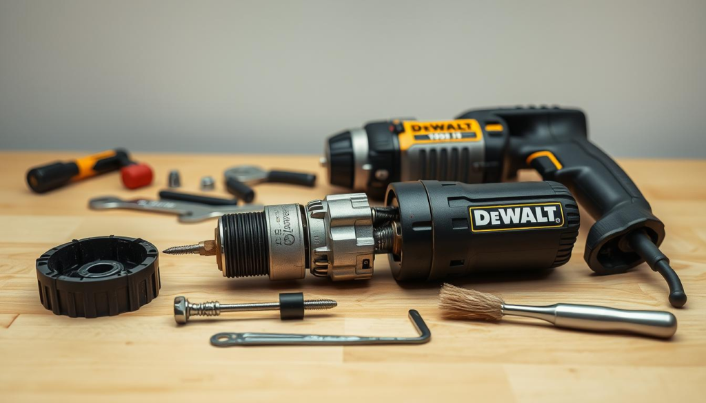 A well-lit, close-up shot of a DeWalt hammer drill, disassembled on a clean, wooden workbench. The foreground shows the individual components, including the chuck, motor, and gearbox, arranged neatly. The middle ground features specialized tools like screwdrivers, wrenches, and a brush for cleaning. The background has a muted, neutral color palette, highlighting the intricate details of the drill's inner workings. The overall scene conveys a sense of precision, care, and the importance of proper maintenance for this durable power tool.