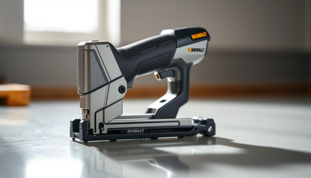 A well-lit close-up shot of a DeWalt narrow crown stapler, showcasing its sturdy metal construction and precision engineering. The stapler is positioned on a clean, reflective surface, allowing the viewer to appreciate its sleek, modern design. Soft shadows and highlights accentuate the tool's contours, highlighting its durability and performance capabilities. The foreground is in sharp focus, while the background is subtly blurred, directing the viewer's attention to the stapler's intricate details. The overall mood is one of professional-grade quality and reliability, reflecting the high-performance nature of the product.