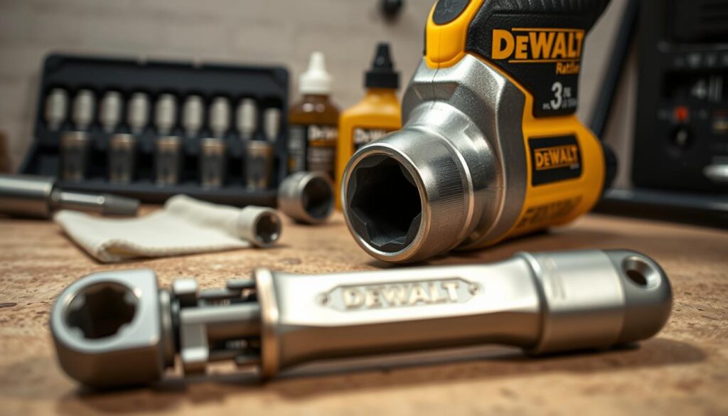 A well-lit close-up shot of a Dewalt 3/8" professional-grade ratchet in a neutral-colored workshop setting. The ratchet's surface features a brushed metal finish, with the Dewalt logo prominently displayed. In the foreground, the ratchet's mechanism is partially disassembled, revealing its inner components. The middle ground showcases various maintenance tools like a socket set, lubricating oil, and a clean cloth. The background is softly blurred, creating a sense of focus on the ratchet and its maintenance process. The overall mood is one of precision, care, and attention to detail, reflecting the importance of proper maintenance for a reliable and long-lasting Dewalt ratchet.