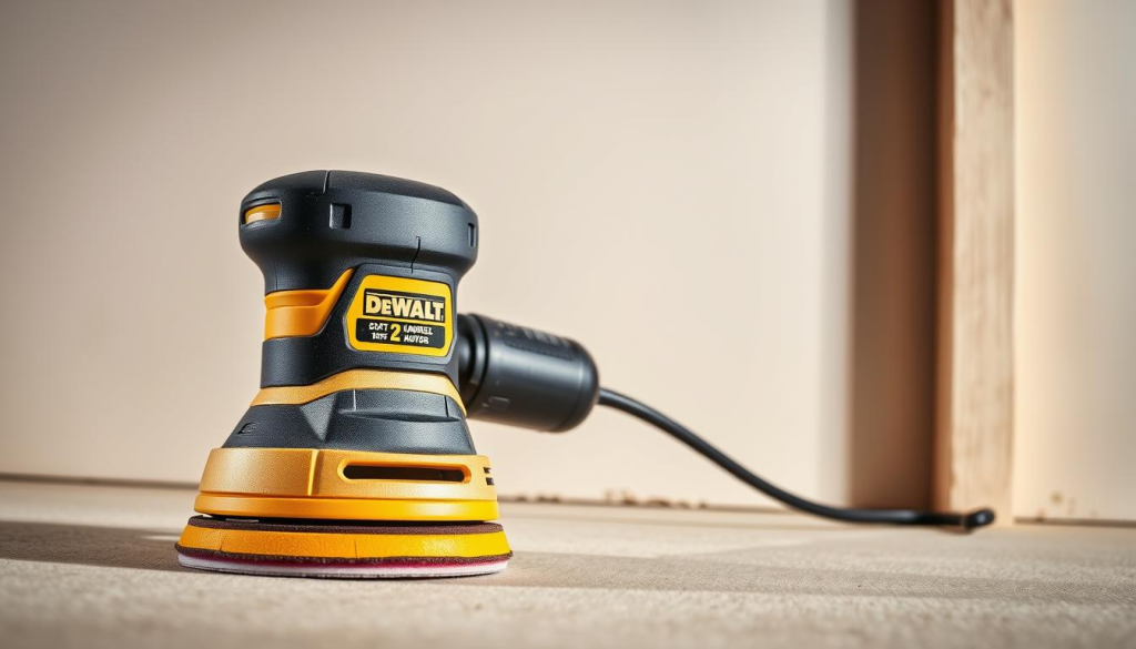 A well-lit, close-up shot of a Dewalt drywall sander, showcasing its key features. The sander is positioned at a 45-degree angle, highlighting its ergonomic design and powerful motor. The foreground features the sanding pad and dust collection system, emphasizing the tool's efficiency and ease of use. The middle ground showcases the sander's variable speed control and lightweight, balanced construction, while the background depicts a smooth, freshly sanded drywall surface, conveying the sander's ability to deliver professional-grade results. The image radiates a sense of quality, precision, and the seamless integration of form and function.
