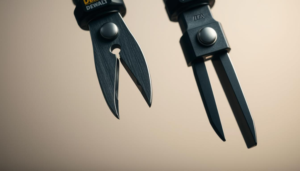 A well-lit, close-up shot of a pair of DEWALT metal snips set against a plain, neutral background. The snips are in the foreground, with a sharp, precise focus on the cutting blades and handles. The lighting is soft and even, highlighting the metallic shine and durability of the tool. The background is blurred, keeping the attention on the snips and their key safety features, such as ergonomic grips and secure locking mechanisms. The overall mood is professional, practical, and focused on showcasing the safety and quality of the DEWALT metal snips.