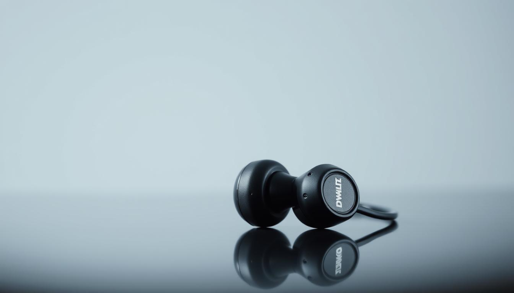 A well-lit, close-up shot of a pair of DeWalt noise-canceling earphones against a clean, minimalist background. The earphones are positioned to showcase their sleek, rugged design, with a subtle reflection on the smooth black surface. The image captures the high-quality craftsmanship and attention to detail that defines the DeWalt brand. The lighting is soft and even, creating a sense of professionalism and reliability. The overall mood is one of practicality, durability, and user-centric design, aligning with the earphones' intended use in a professional work environment.