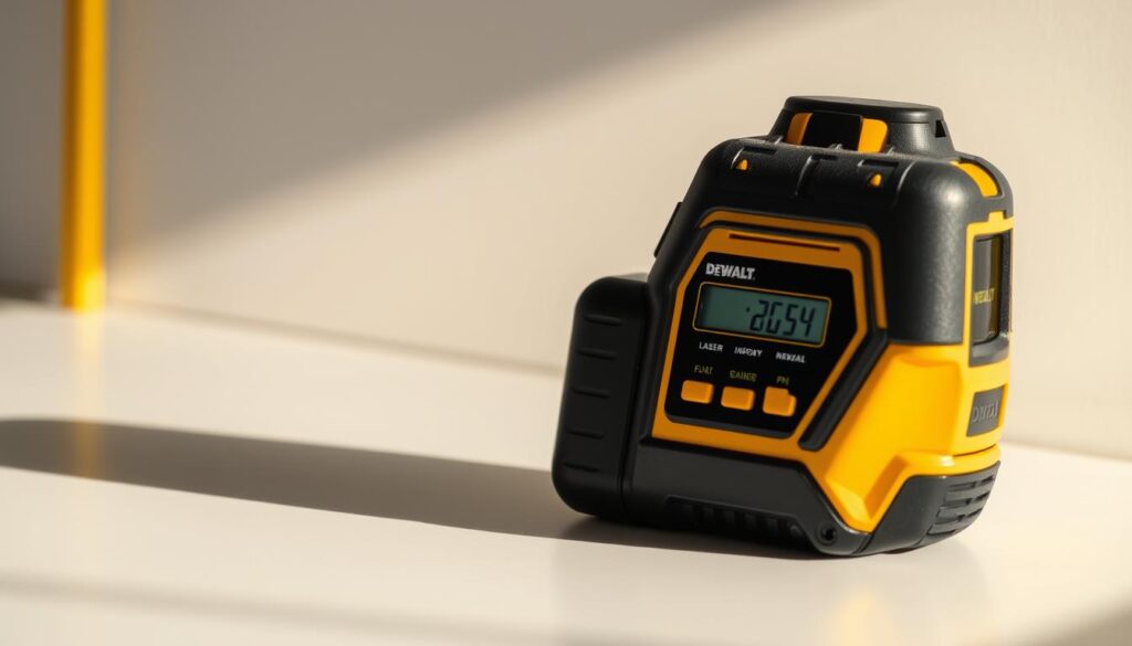 A well-lit, close-up shot of a professional-grade DEWALT laser measuring tool on a clean, minimalist surface. The tool is positioned at an angle, its sleek black-and-yellow body and digital display clearly visible. Soft shadows and highlights accentuate the device's sturdy, high-quality construction. The scene conveys a sense of precision, reliability, and the tool's ability to deliver accurate measurements for DIY projects and home renovations. The background is subtly blurred, keeping the focus on the laser tool as the star of the image.