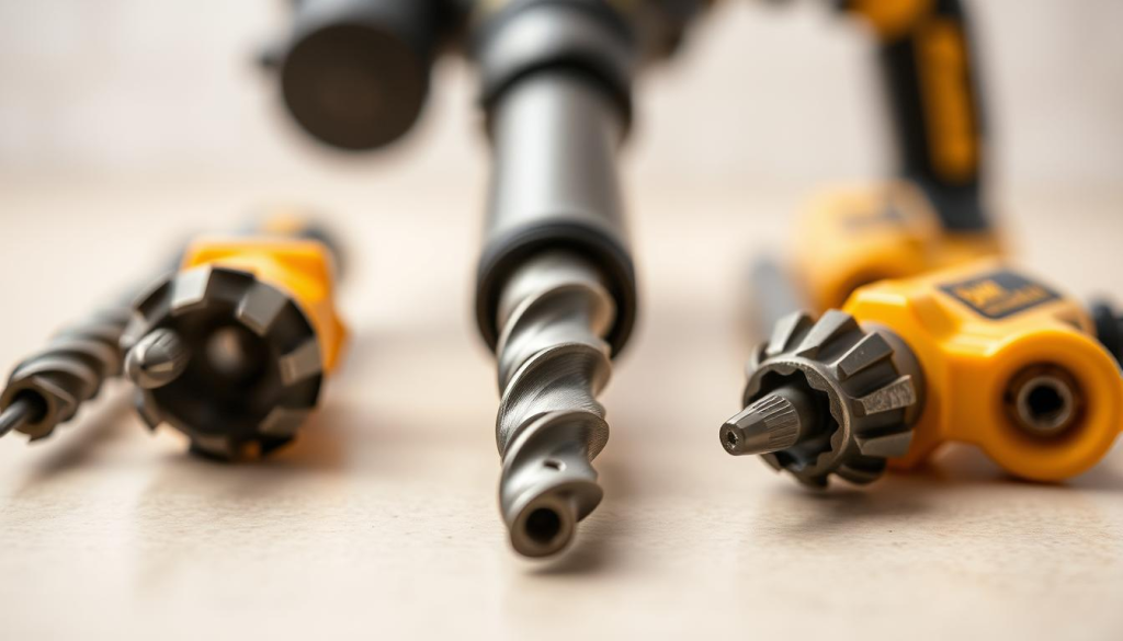 A well-lit, close-up shot of a selection of DEWALT rotary hammer drill bits arranged neatly on a clean, neutral-colored surface. The bits should be in various sizes, showcasing the range of options available. Capture the high-quality, industrial design of the bits, with a focus on their sturdy, durable construction and precision engineering. Utilize a shallow depth of field to emphasize the foreground elements, while keeping the background slightly blurred to draw the viewer's attention to the main subject. The overall atmosphere should convey a sense of professionalism, reliability, and attention to detail, reflecting the quality of DEWALT tools.