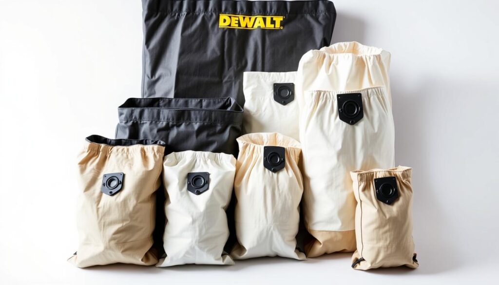 A well-lit, close-up shot of an assortment of DEWALT vacuum bags in various sizes, arranged neatly on a clean, white background. The bags are shown from multiple angles, highlighting their durable construction, pleated fabric, and secure closure mechanisms. The lighting creates a bright, crisp, and professional atmosphere, showcasing the attention to detail and quality of the DEWALT brand. The image conveys a sense of organization and utility, reflecting the importance of choosing the right vacuum bag to maximize the cleaning power of a DEWALT vacuum.