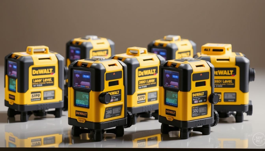 A well-lit, close-up shot of several DEWALT 360 laser levels, showcasing their features and controls. The devices are arranged on a clean, reflective surface, allowing for a clear view of their digital displays, adjustment knobs, and sturdy construction. The lighting is soft and even, highlighting the precision engineering and attention to detail. The background is a neutral, minimalist setting, allowing the laser levels to be the focal point. The overall mood is one of professionalism, quality, and attention to user-friendly design.