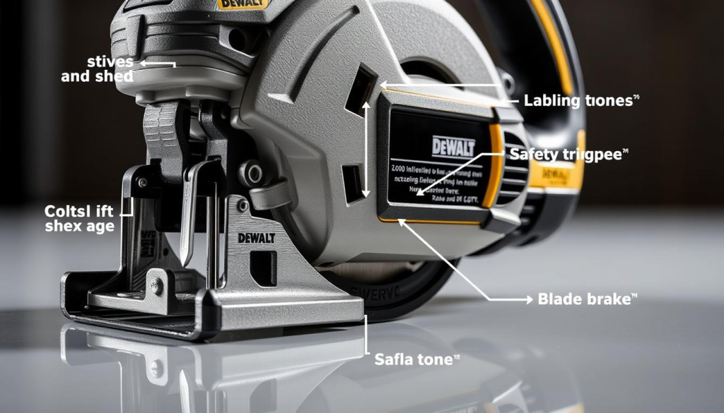 A well-lit, close-up shot of the DEWALT XR Jigsaw, showcasing its key safety features. The jigsaw is placed on a clean, reflective surface, with the blade guard, safety trigger, and blade brake prominently displayed. The image has a crisp, high-resolution focus, highlighting the sturdy construction and attention to detail in the tool's design. The lighting is balanced, creating subtle shadows that accentuate the jigsaw's contours and textures. The overall mood is one of precision, reliability, and a commitment to safety, reflecting the tool's suitability for professional woodworking tasks.
