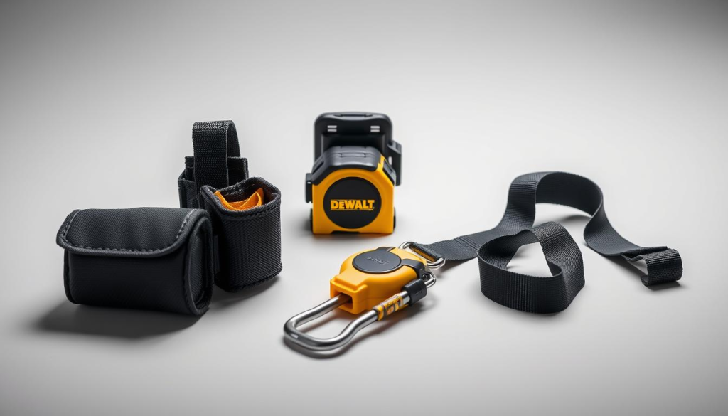 A well-lit, close-up studio shot of an assortment of DEWALT tool bag accessories, including a durable tool pouch, a reinforced tape measure holder, a carabiner clip, and a versatile utility strap, all arranged on a clean, neutral-colored surface. The lighting emphasizes the high-quality materials and rugged construction of the accessories, while the composition highlights their practical functionality and integration with the DEWALT tool bag system. The overall scene conveys a sense of professional-grade organization and preparedness for the jobsite.