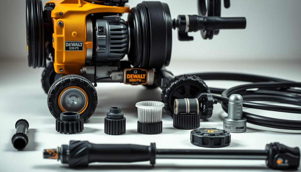 A well-lit, close-up view of a DEWALT 3000 PSI pressure washer, showcasing its intricate internal components and maintenance procedures. The foreground features the disassembled pressure washer, with its various parts laid out neatly, including the pump, hose, and nozzle attachments. The middle ground focuses on the detailed maintenance steps, such as cleaning the filters, inspecting the seals, and lubricating the moving parts. The background provides a clean, uncluttered workspace, with soft, diffused lighting emphasizing the precision and care required for proper maintenance. The overall mood is one of technical expertise and attention to detail, reflecting the importance of regular upkeep for the DEWALT pressure washer's long-lasting performance and reliability.