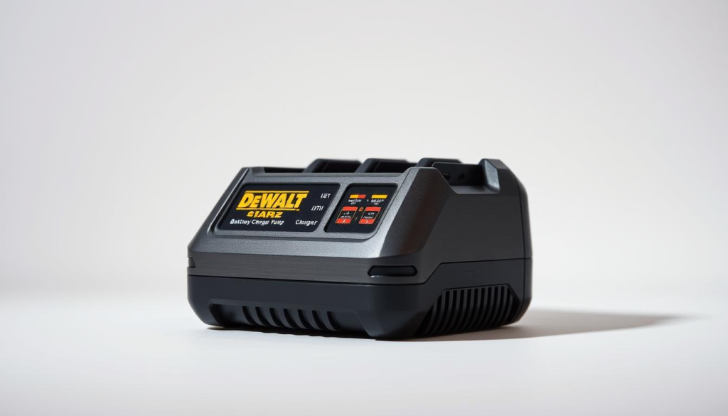 A well-lit, close-up view of a DEWALT 4-battery charger set against a clean, neutral background. The charger is positioned prominently, with its multiple charging ports and LED indicators clearly visible. The brushed metal and plastic housing of the charger are depicted in high detail, highlighting its robust and durable construction. Soft, diffused lighting from above casts gentle shadows, emphasizing the charger's clean lines and functional design. The overall atmosphere conveys a sense of reliability, efficiency, and the practical real-world applications of this power tool accessory.