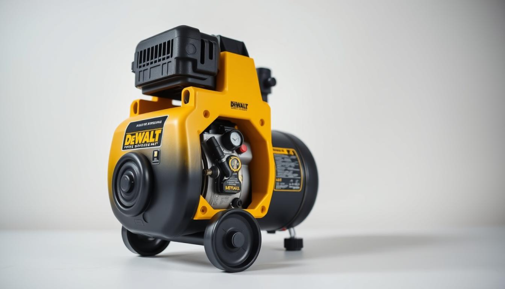 A well-lit, close-up view of a DEWALT 4.5 gallon air compressor, set against a clean, neutral background. The compressor is meticulously detailed, showcasing its internal components and maintenance access points. The image conveys a sense of precision engineering and durability, with a focus on the key areas that require regular upkeep, such as the air filter, oil level, and pressure gauge. Soft shadows and balanced lighting emphasize the compressor's robust, industrial design, inviting the viewer to closely examine its inner workings and understand the importance of proper maintenance for extended service life.