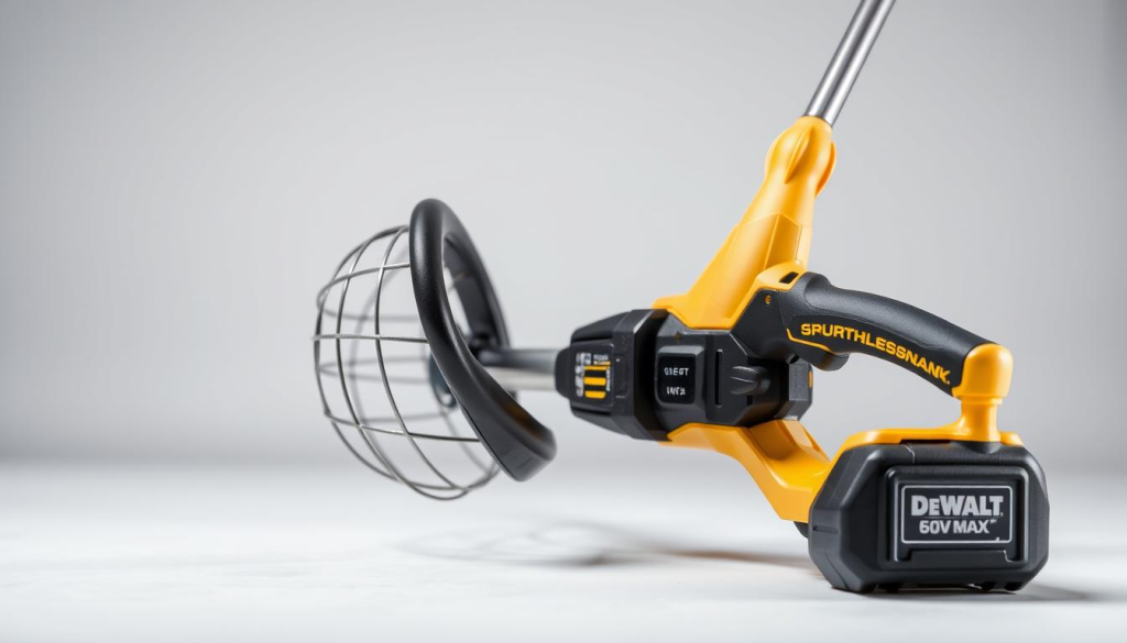 A well-lit, close-up view of a DEWALT 60V MAX* Cordless String Trimmer, showcasing its safety features. The trimmer is positioned on a clean, neutral background, allowing the details to stand out. The brushless motor and guard are prominently displayed, highlighting the trimmer's power and precision. The trigger and control interface are visible, suggesting ease of use and operator control. The overall composition emphasizes the trimmer's sturdy, professional-grade construction and ergonomic design, conveying a sense of reliability and safety for the user.