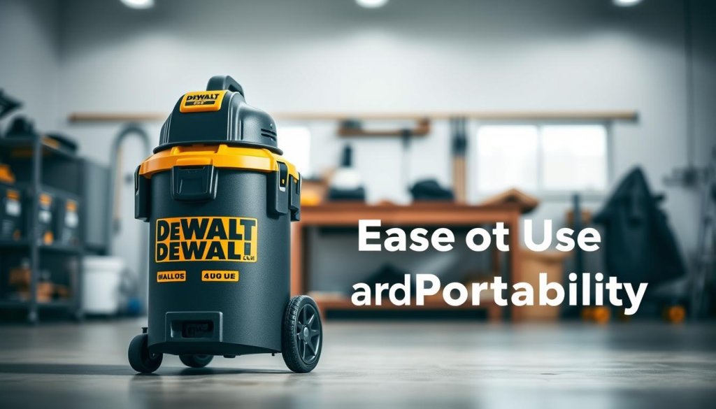 A well-lit, close-up view of a DEWALT 9 Gallon Shop Vac, showcasing its sturdy construction and integrated wheels for easy portability. The vacuum stands prominently in the foreground, its sleek black and yellow design complemented by a soft, diffused lighting that accentuates its details. The middle ground features a clean, uncluttered workshop setting, hinting at the vac's versatility and suitability for a variety of tasks. The background is blurred, allowing the viewer to focus on the shop vac's robust and user-friendly appearance, capturing the essence of "Ease of Use and Portability" as described in the article.